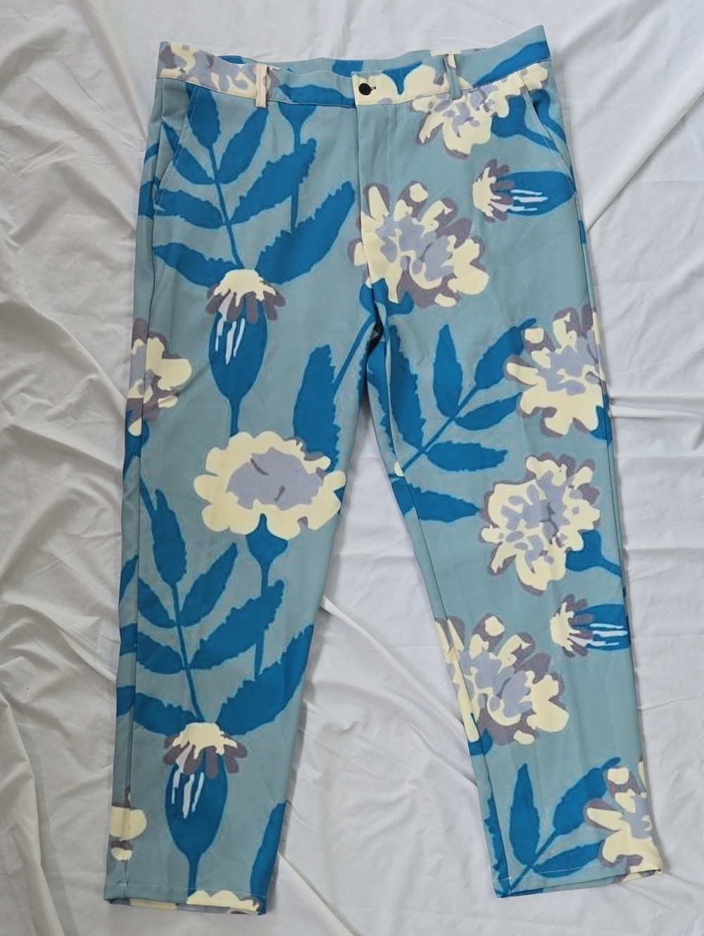 Men's Sky Blue Pants White Flowers Blue Teal Foliage Graphics Front & Back